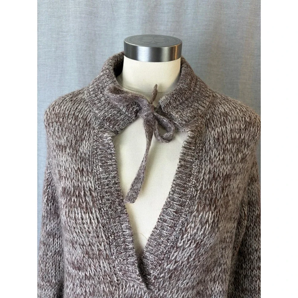 Vintage Florentine Flowers Brown Marled Knit‎ Tie Neck Sweater Wool Blend 44